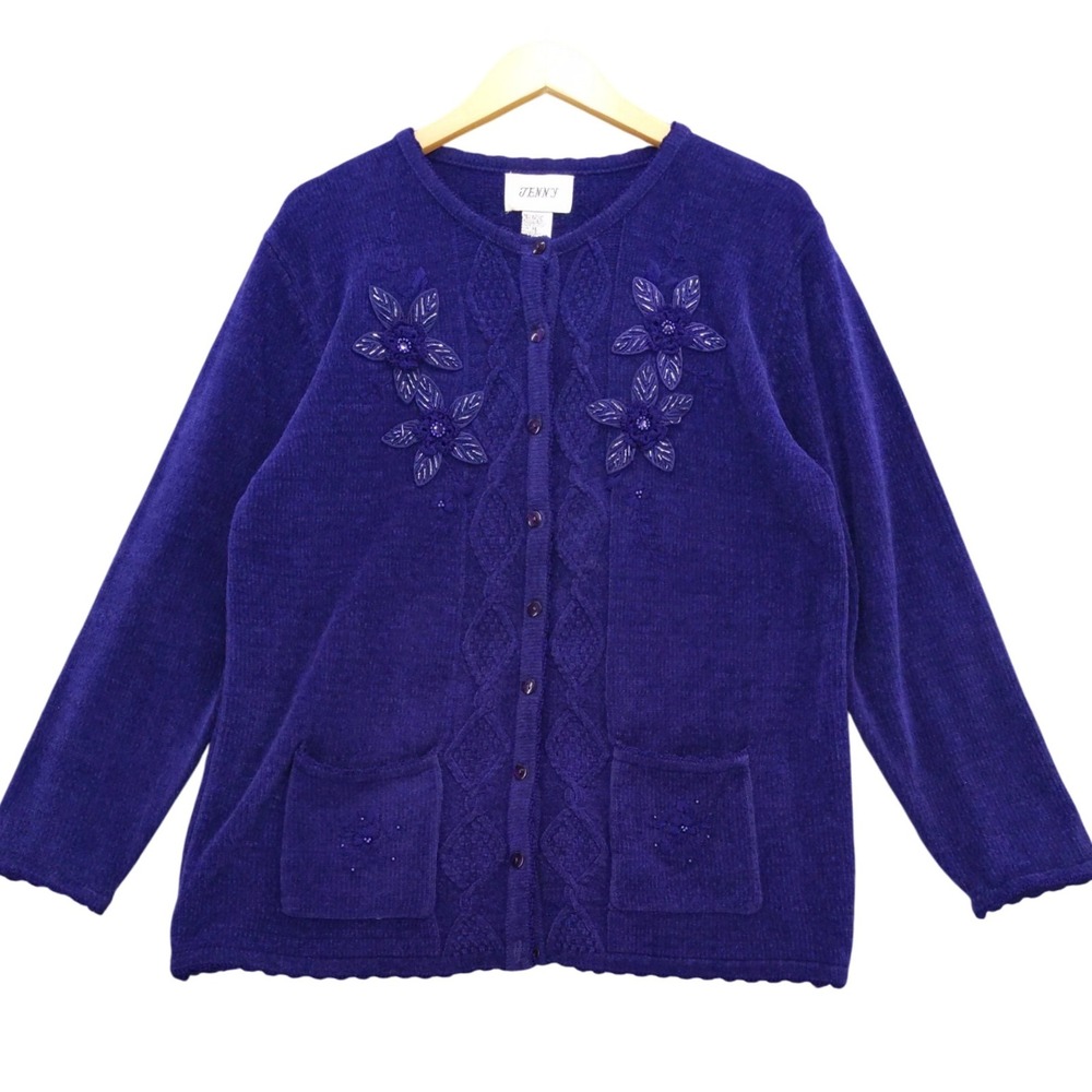 vtg‎ Jenny Chenille Cardigan Sweater Beaded Floral Embellished XL Grandmacore